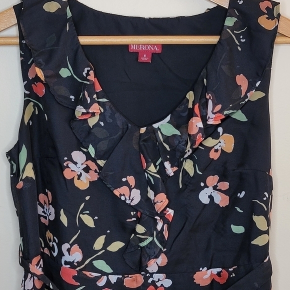 Merona | Black Orange Yellow Cream Floral Ruffle Neckline Dress Size 6 - Picture 3 of 7